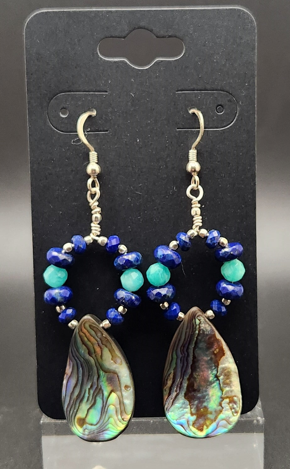 Natural Abalone Shell Teardrop, Faceted Natural Blue Lapis Lazuli and Amazonite Sterling Silver Earing