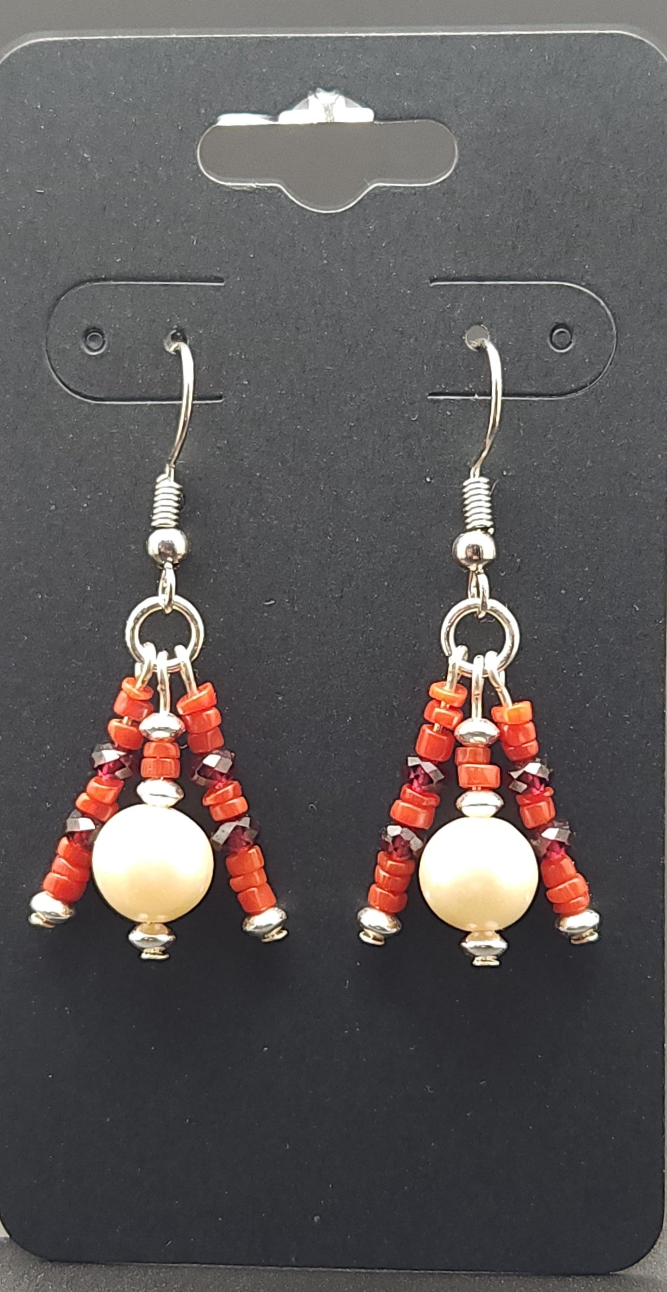 Fresh Water Pearl, Natural Garnet, Genuine Mediterranean Coral Earing