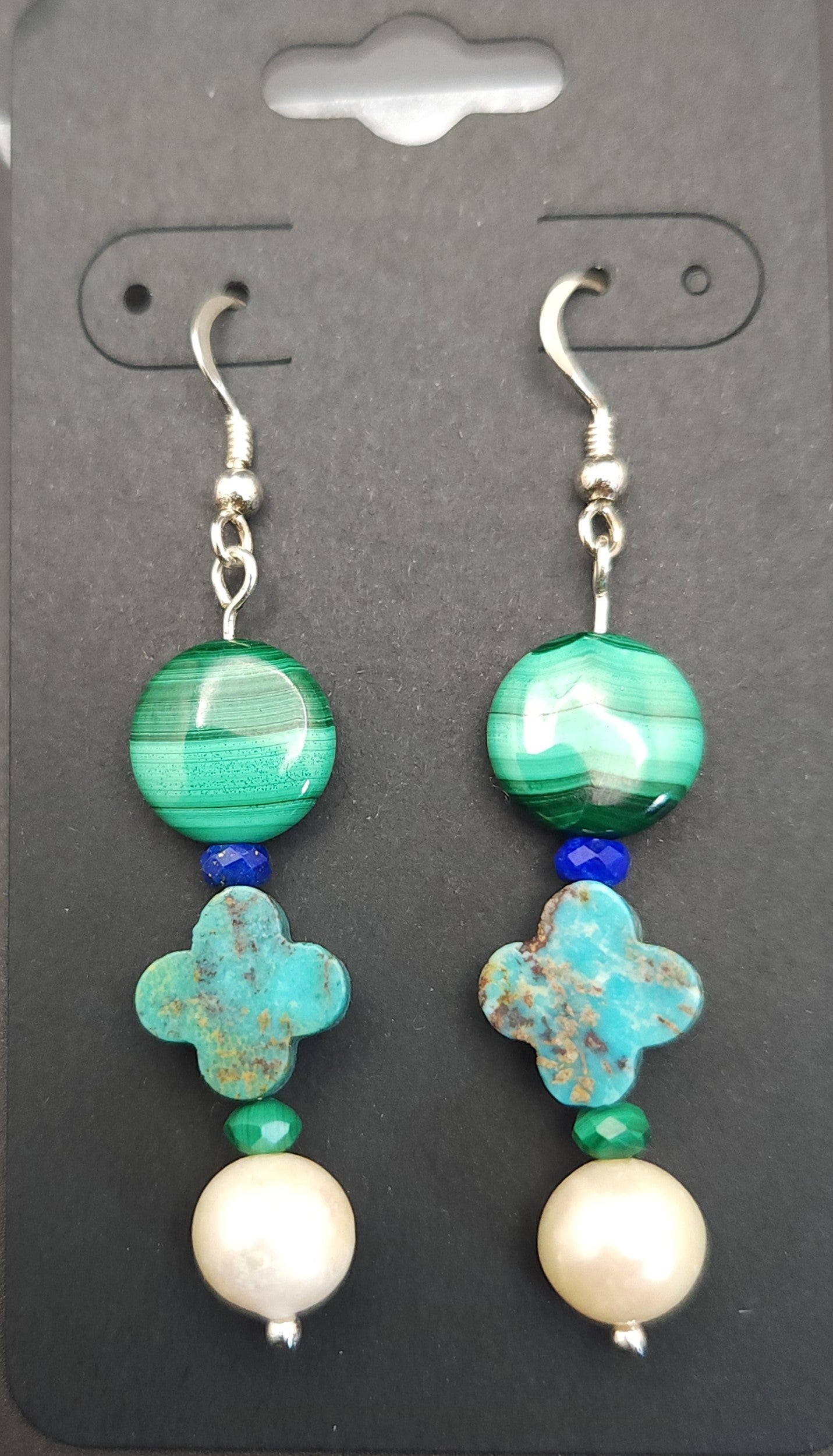 Natural Malachite, Turquoise, Freshwater Pearls Earing