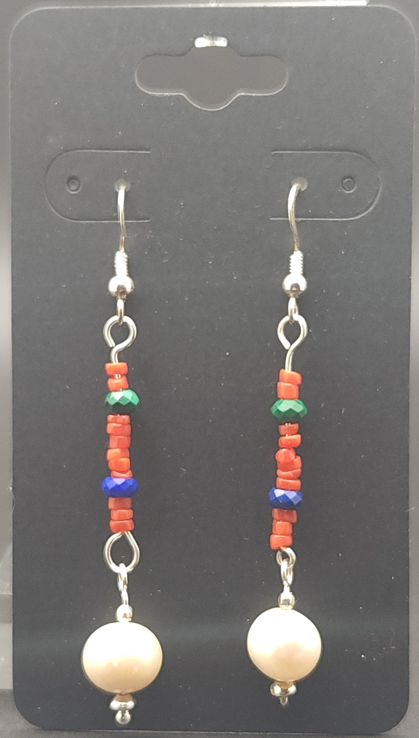 Natural Mediterranean Coral Micro Heishi, Natural Green Malachite, Natural Blue Lapis Lazuli Sterling Silver Earing