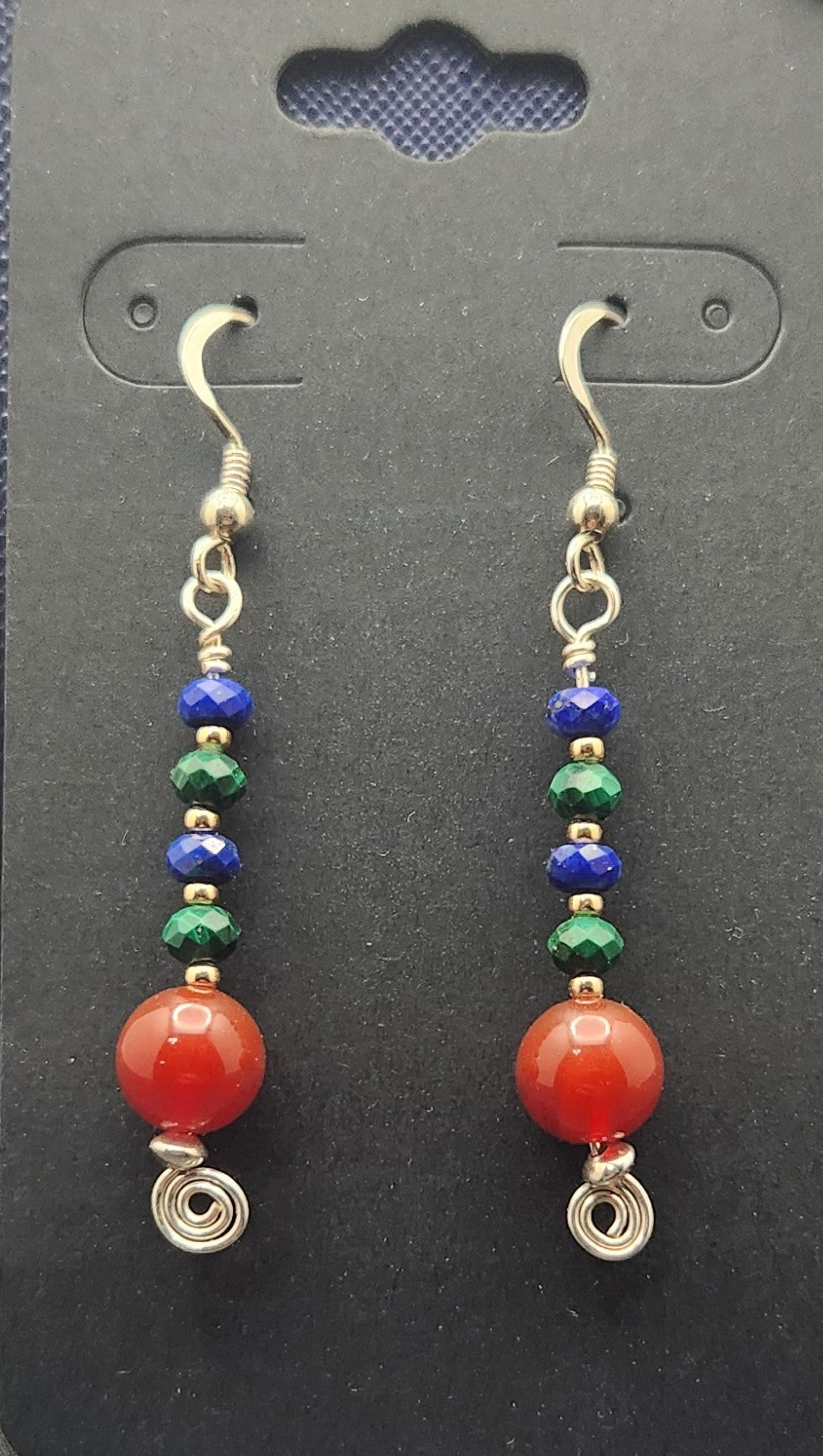 Natural Blue Lapis Lazuli , 14K Gold Round Ball beads, Malachite, Carnelian, Wire wrapped Swirl  Sterling Silver Earing