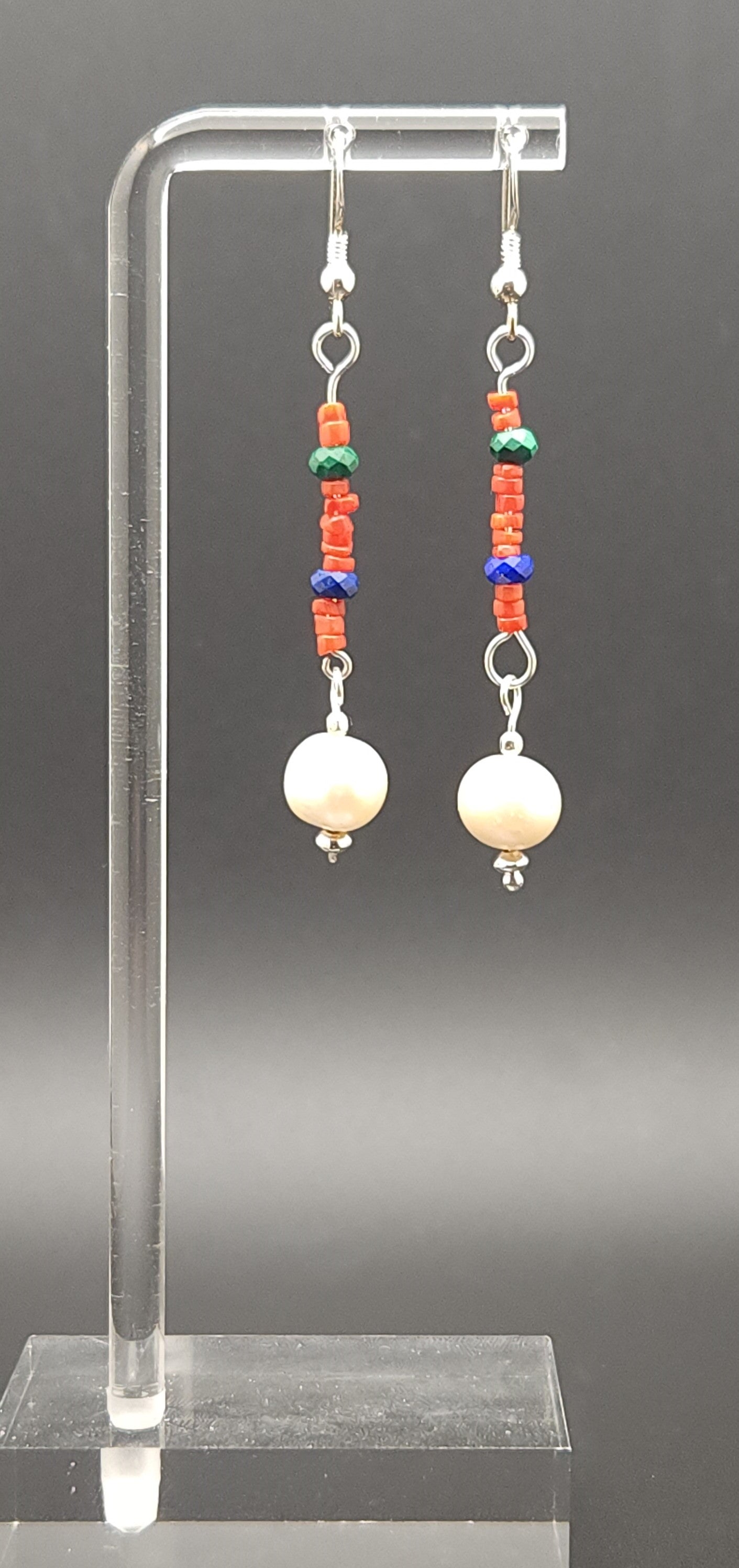 Natural Mediterranean Coral Micro Heishi, Natural Green Malachite, Natural Blue Lapis Lazuli Sterling Silver Earing