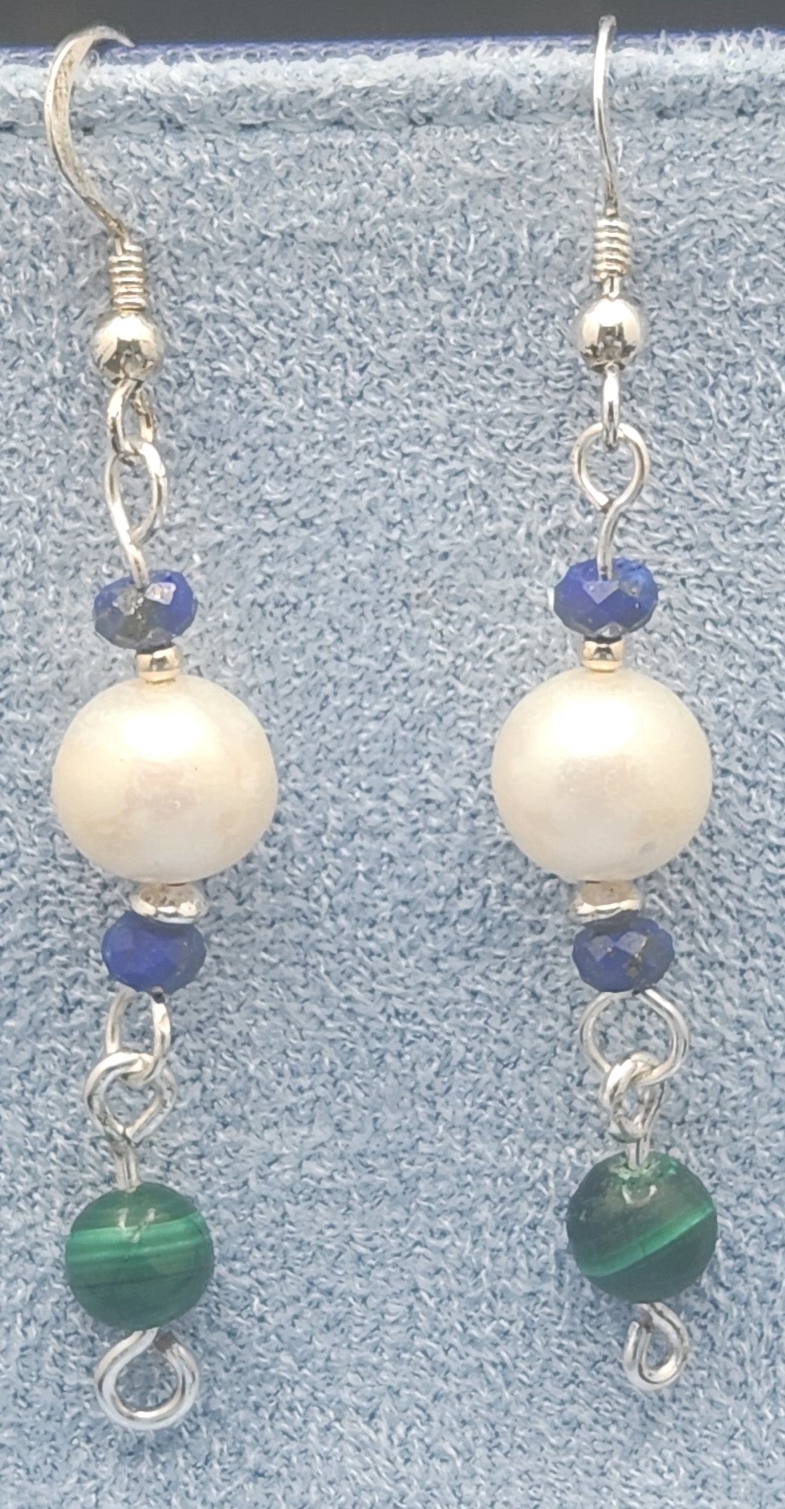 Natural Blue Lapis Lazuli, Fresh Water Pearl, Natural Malachite, Sterling Silver Earings