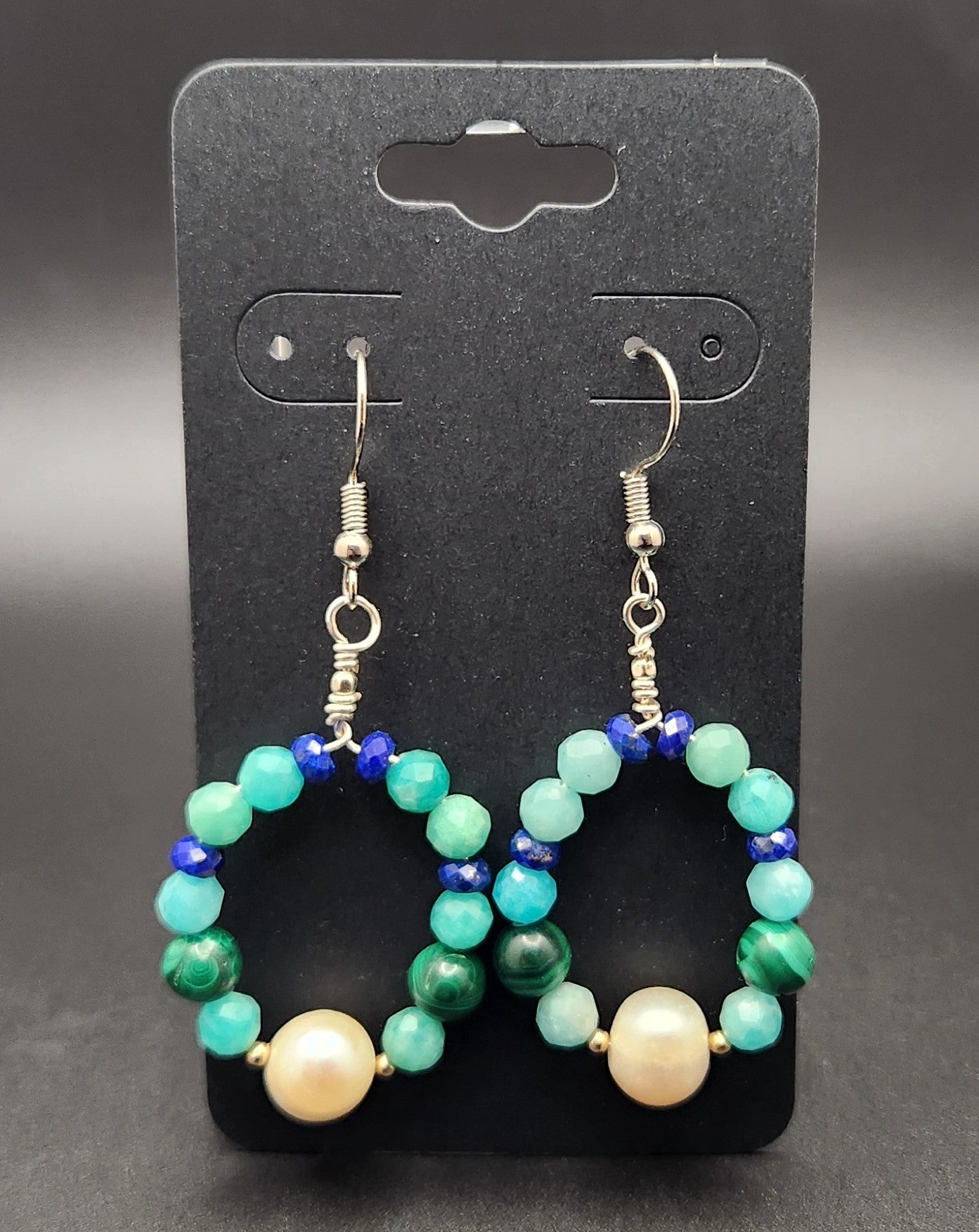 Freshwater Pearl, Malachite, Amazonite Earing