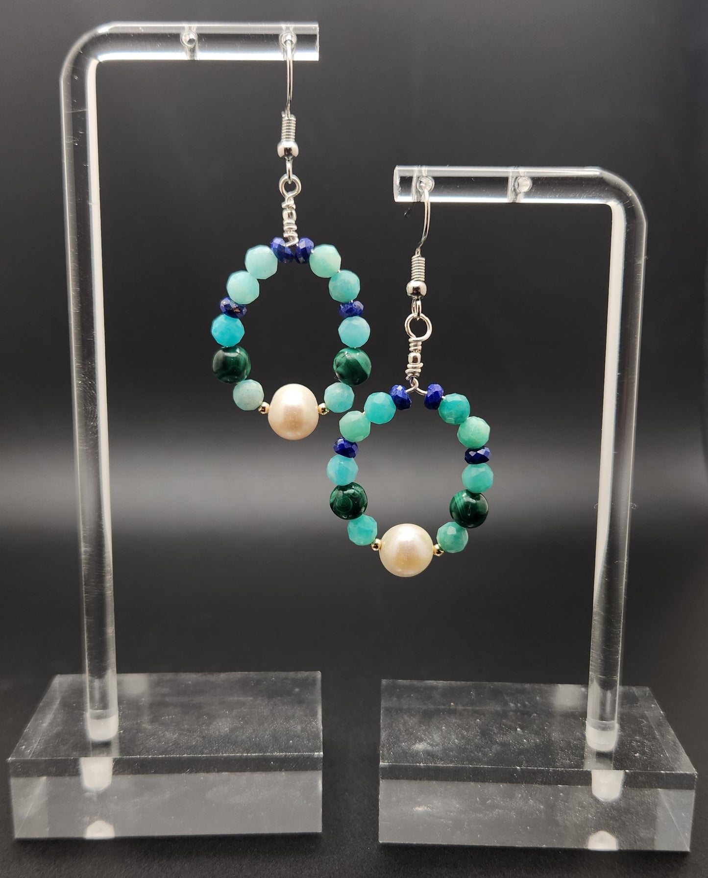 Freshwater Pearl, Malachite, Amazonite Earing