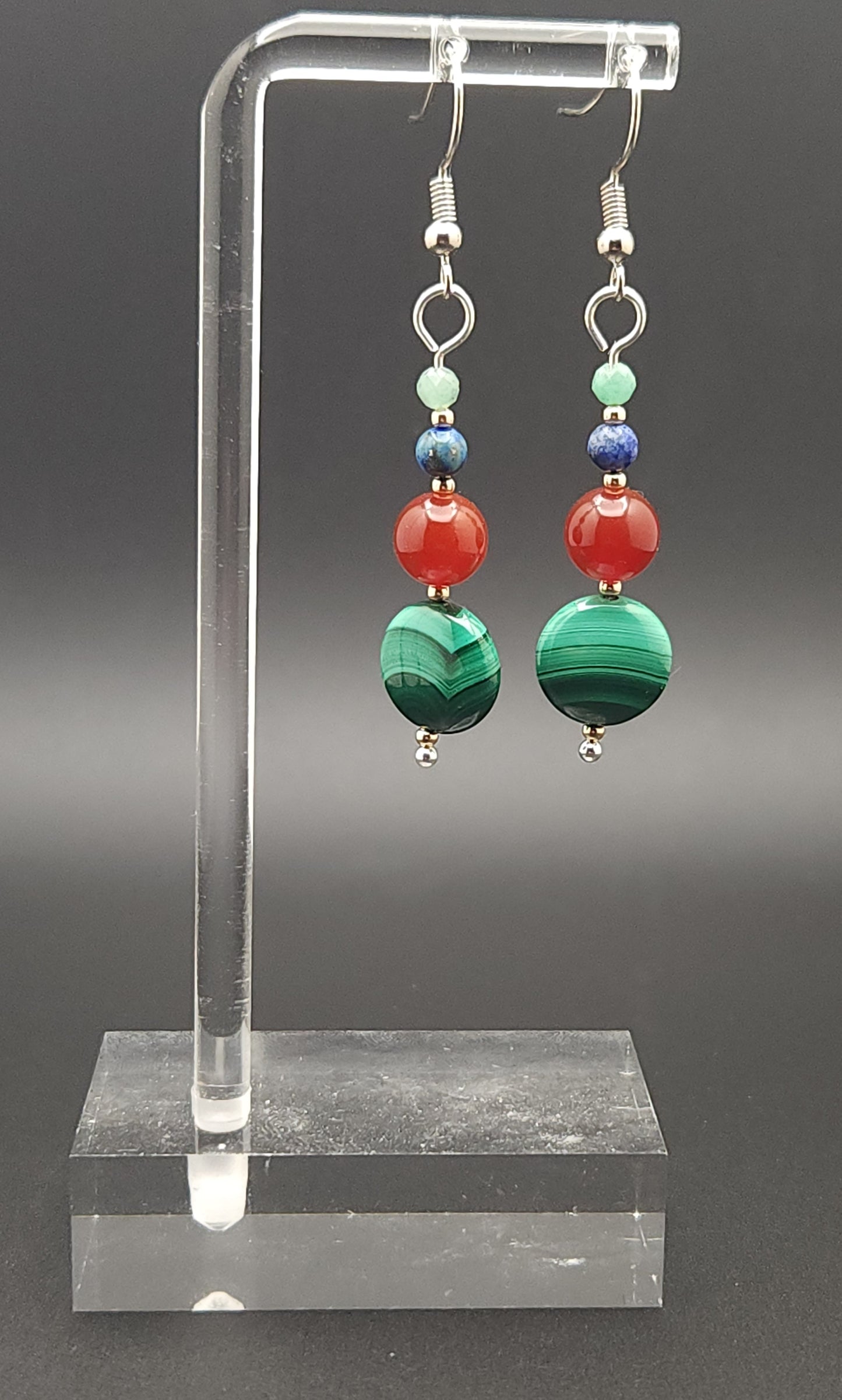 Natural Malachite Coin bead, Azurite Malachite Chrysocolla bead, Carnelian, 14k beads Sterling silver Earinng