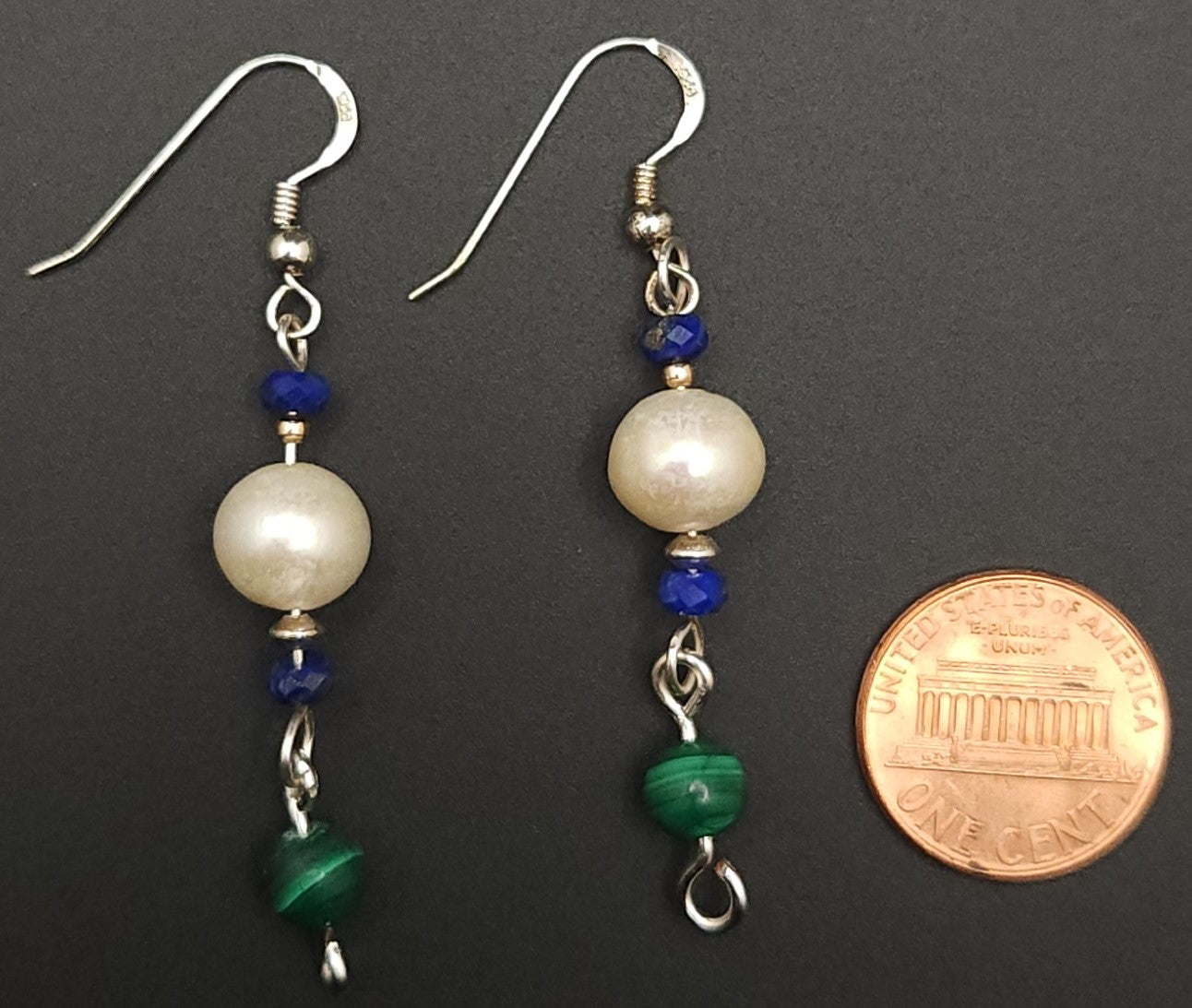 Natural Blue Lapis Lazuli, Fresh Water Pearl, Natural Malachite, Sterling Silver Earings