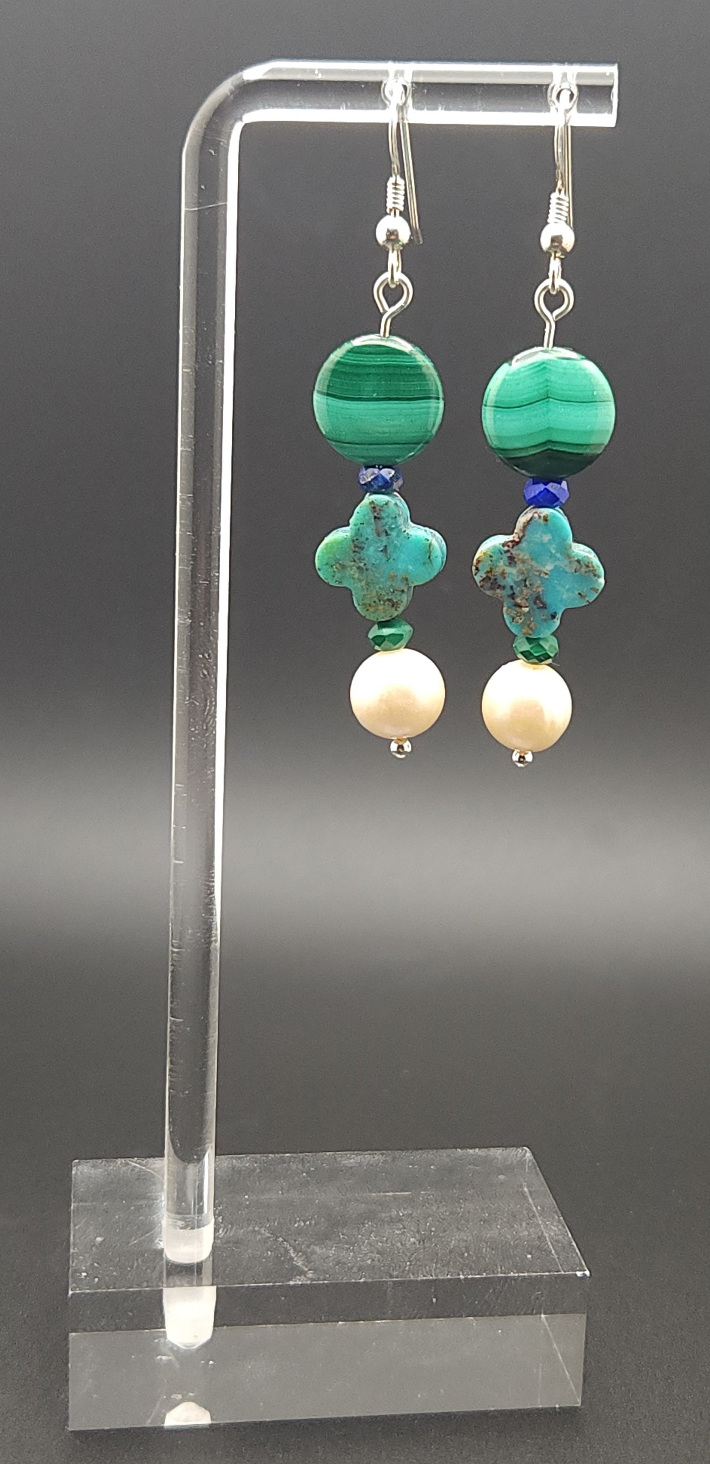 Natural Malachite, Turquoise, Freshwater Pearls Earing