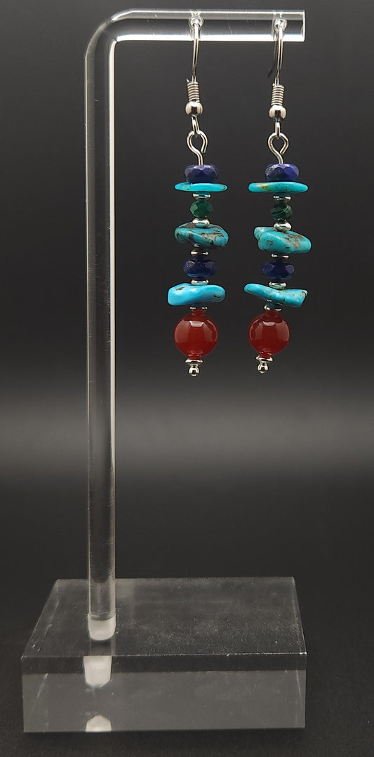 Natural Turquoise Nuggets, Faceted Natural Green Malachite ,  Carnelian, Faceted Lapis Beads Earing