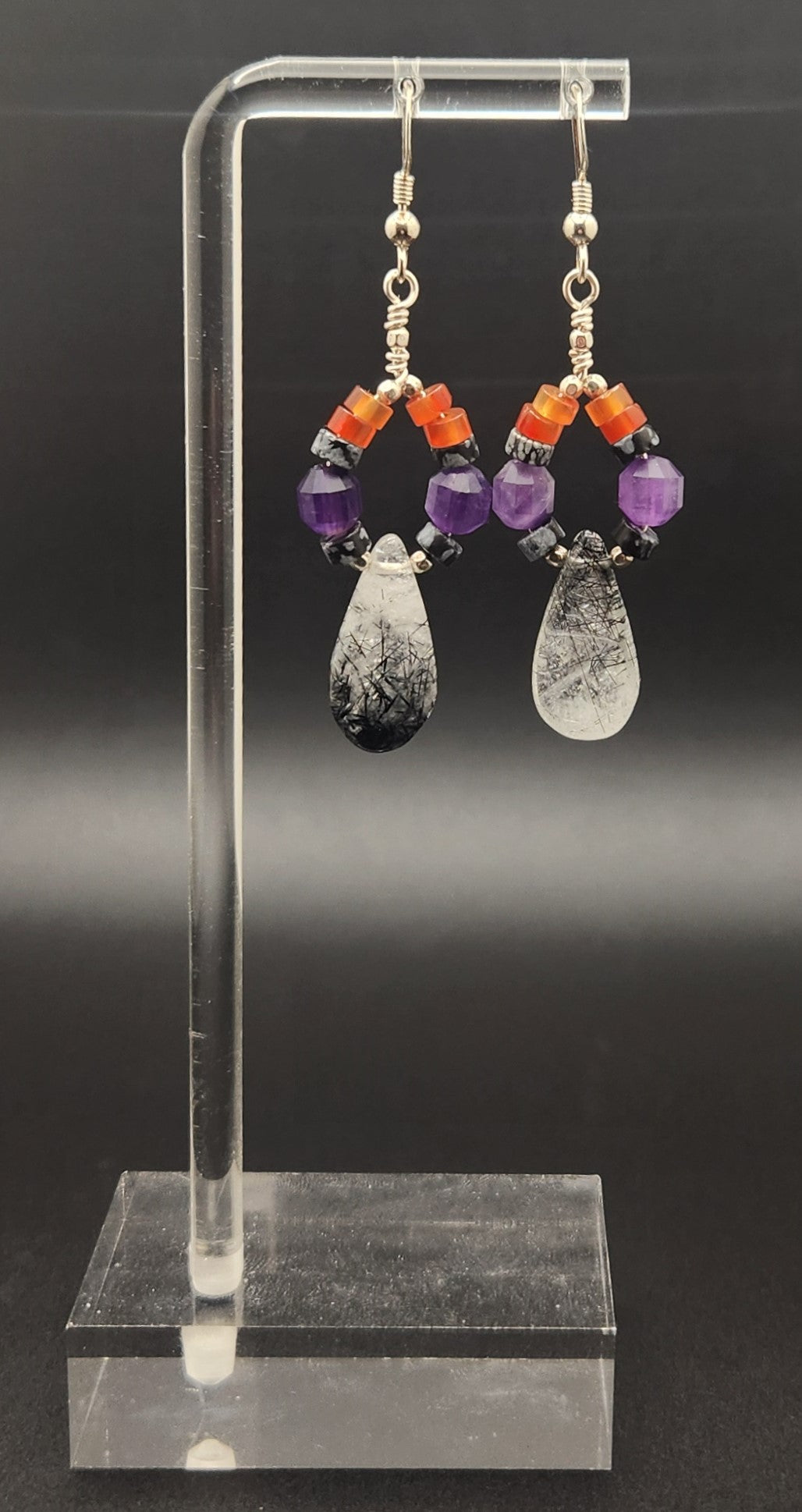 Black Tourmaline Rutilated Quartz Amethyst Sterling Silver Earing