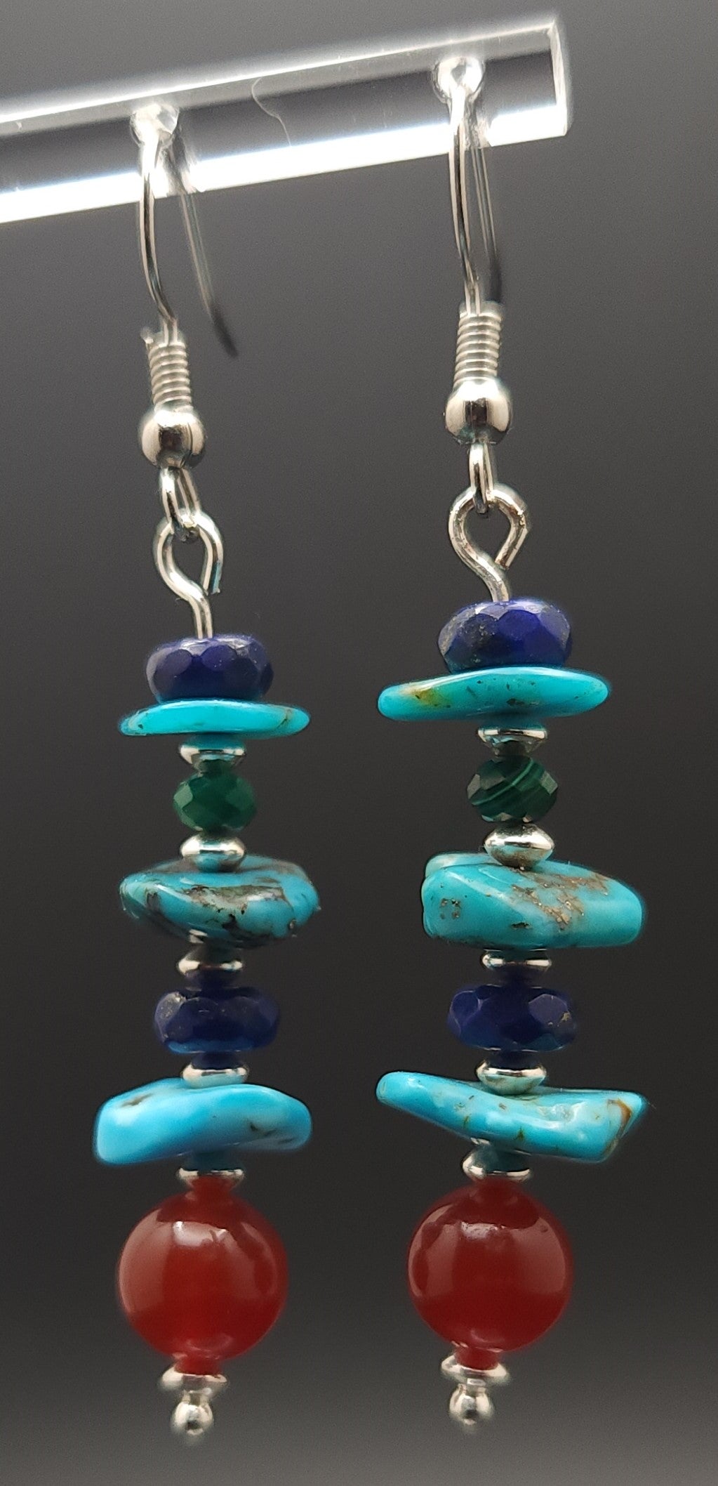 Natural Turquoise Nuggets, Faceted Natural Green Malachite ,  Carnelian, Faceted Lapis Beads Earing