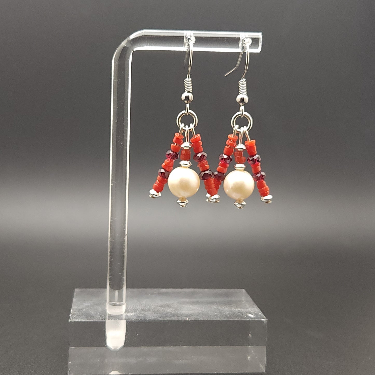 Fresh Water Pearl, Natural Garnet, Genuine Mediterranean Coral Earing